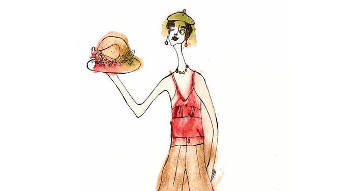Sketch of a woman holding a turkey.