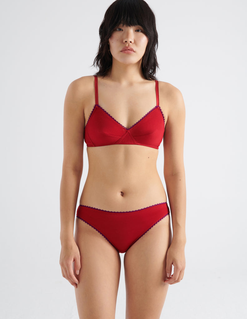 on model front image of woman in red cotton bra and oanty