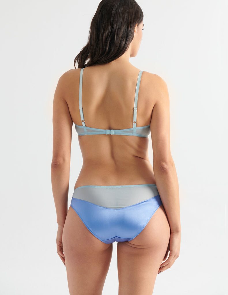 Back of woman in Blue silk charmeuse and chiffon panty
