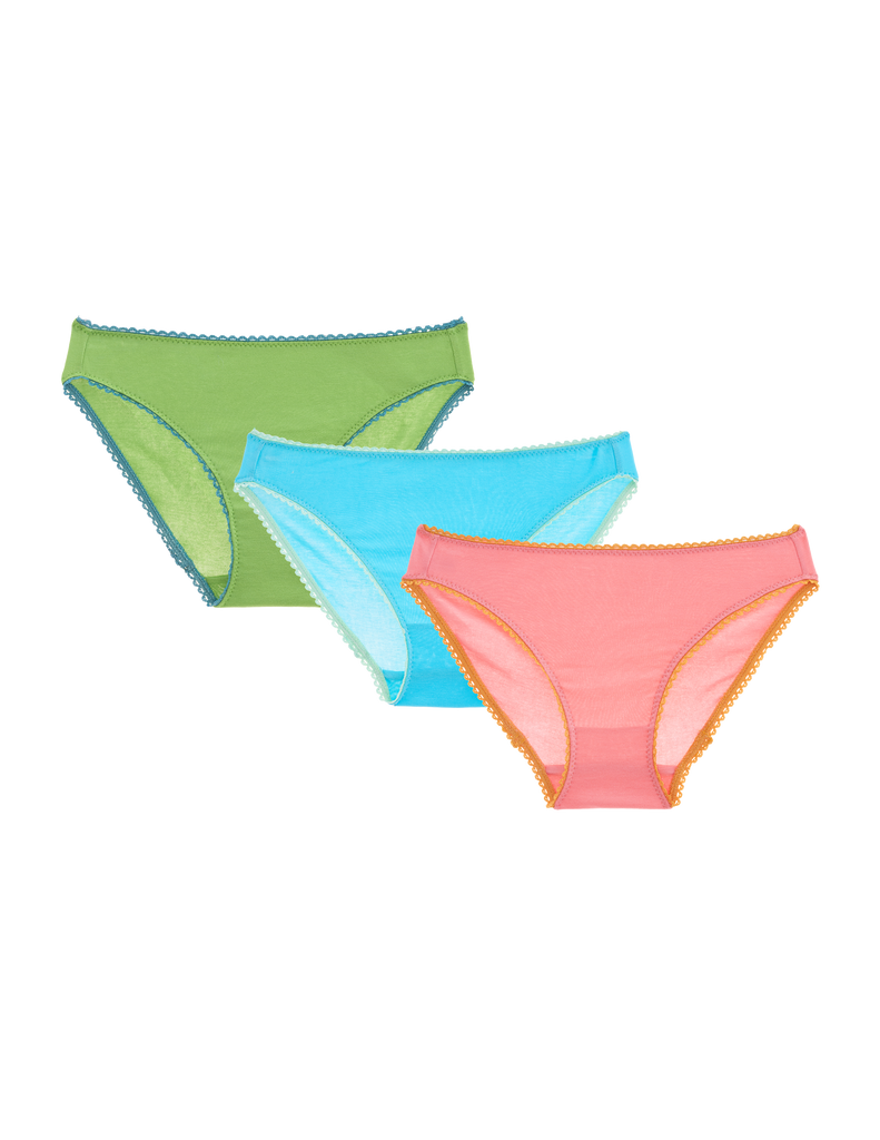 Flat image of three cotton panties in green, blue and pink. 