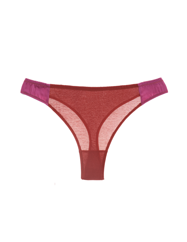 Brown cotton and mauve silk thong