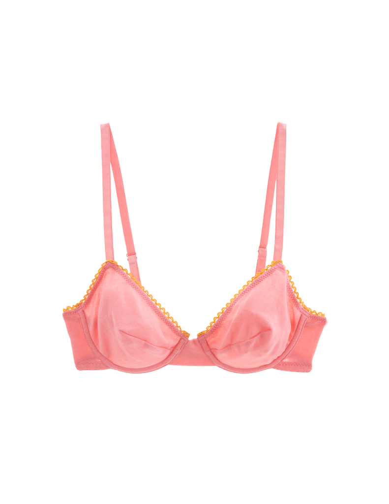 Flat image of pink cotton underwire bra with yellow trim. 