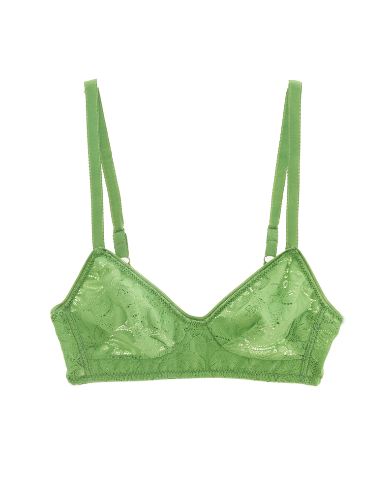 Flat image of green lace bralette. 