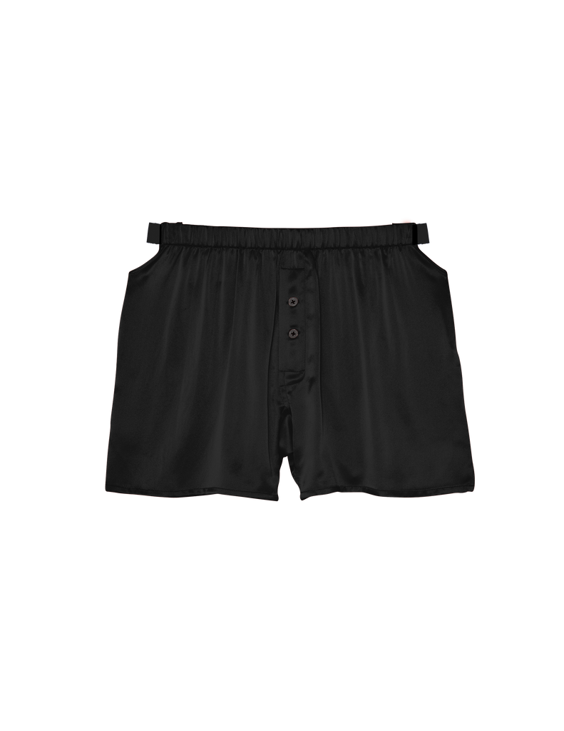 Flat image of silk black pajama shorts