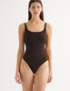 a front view of model wearing the natalie one piece in walnut