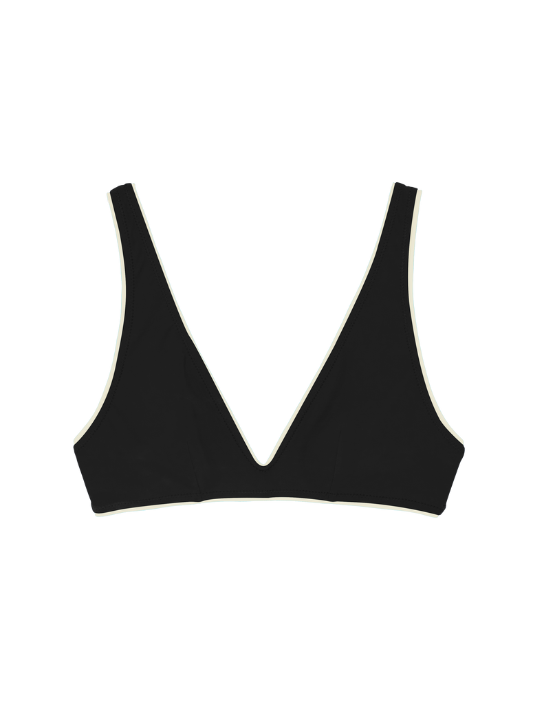 Flat image of black bikini top with white piping