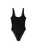 Flat image of black one piece swimsuit with white piping