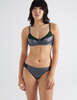 Front view image of model wearing dark grey and dark green silk bralette with matching panty