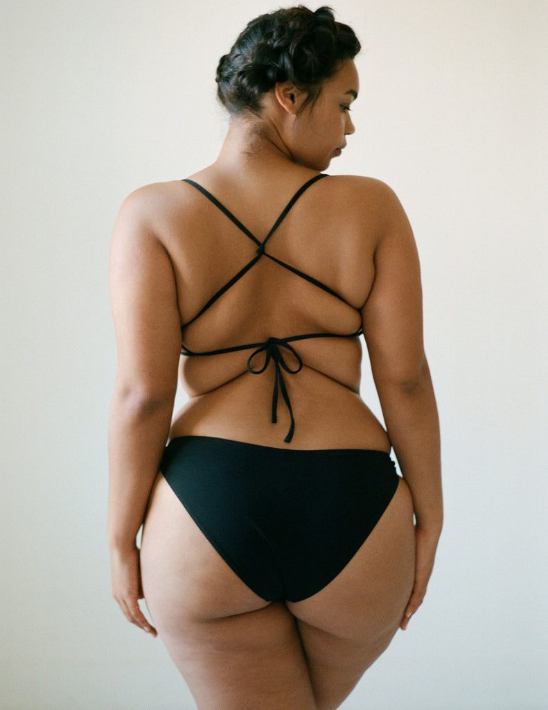 Back view of woman in string bikini.