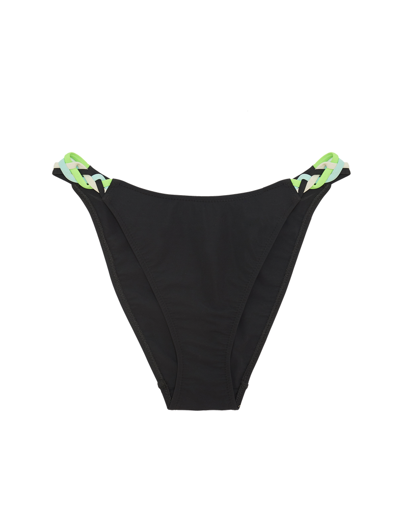 black bikini bottom with white, green, blue and black straps by Araks