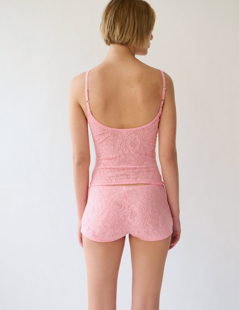 back view of pink lace tank and cami