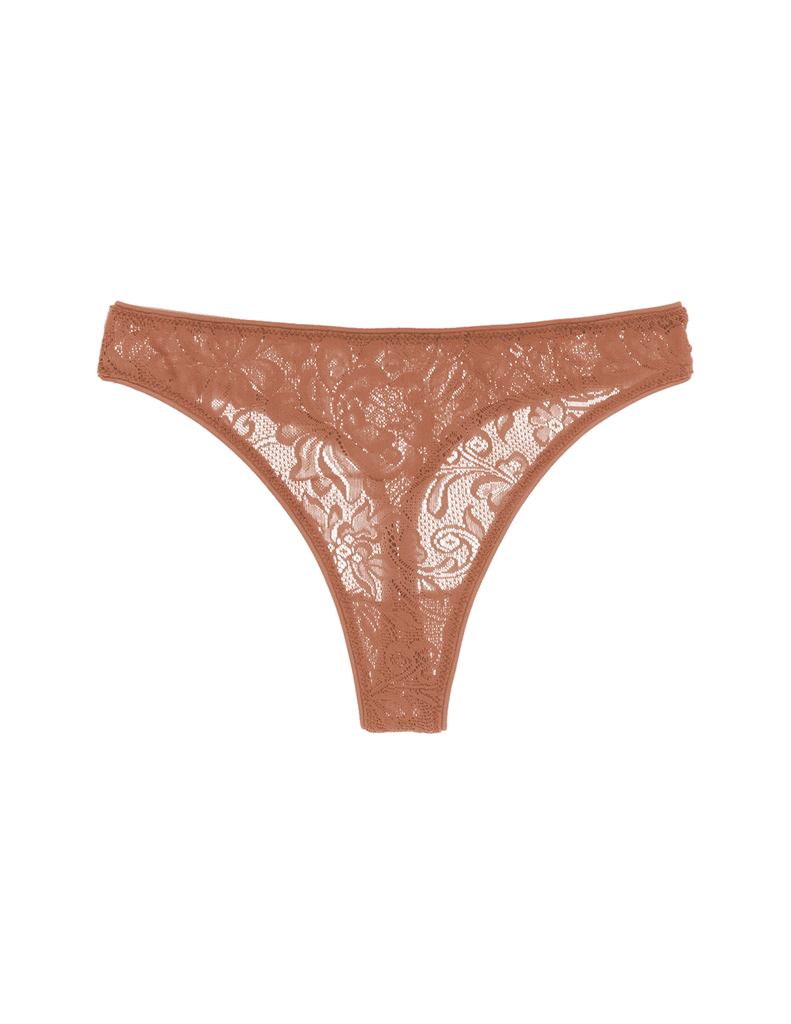 brown lace mid-rise thong by Araks