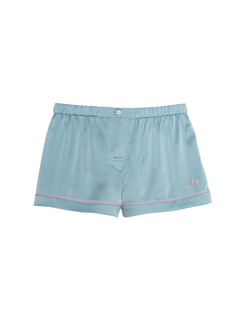 Light Blue Silk Pajama Shorts with embroidery