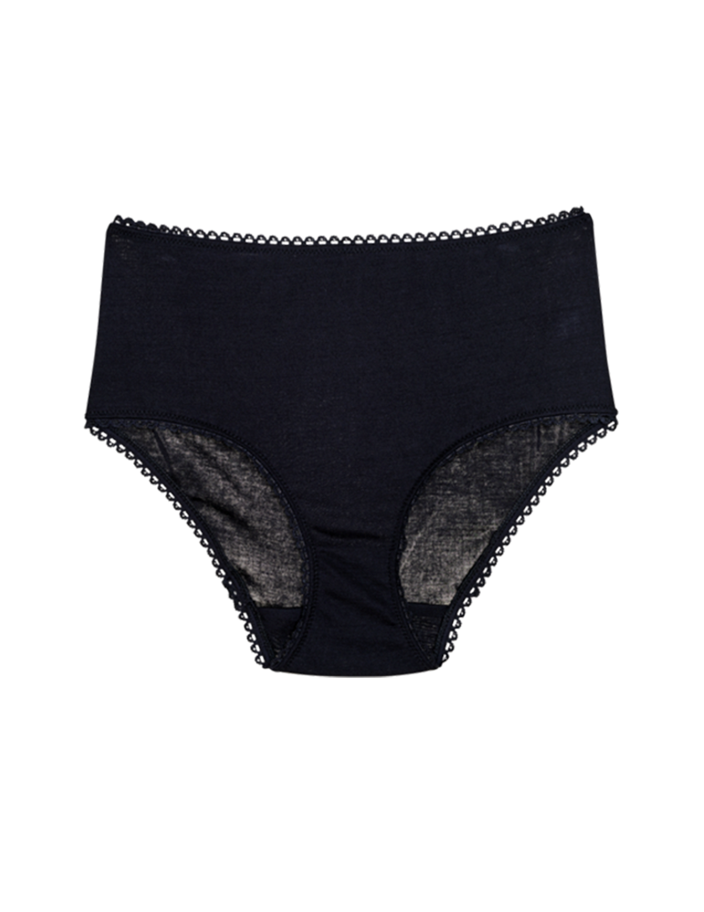 Black high-waist cotton panty with pale black scallop trim on waist and legs openings.