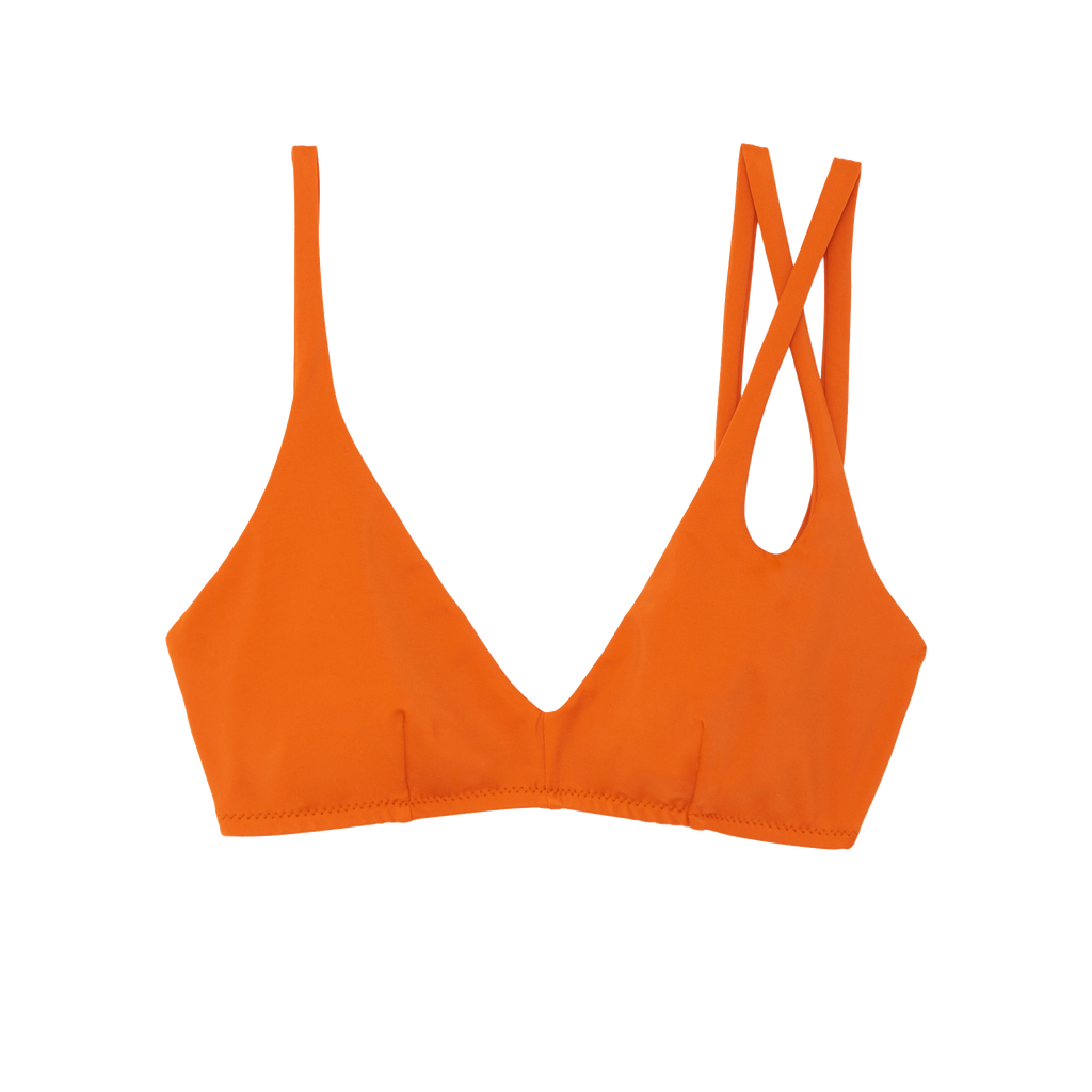 Orange bikini top with asymmetric crisscross strap