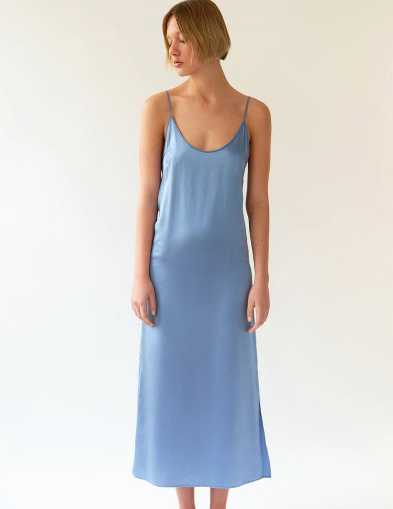 front view of grey slip dress