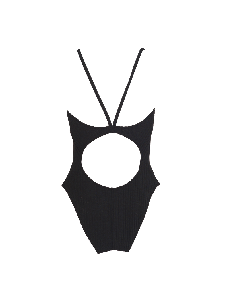 Flat image of back of black one piece swimsuit