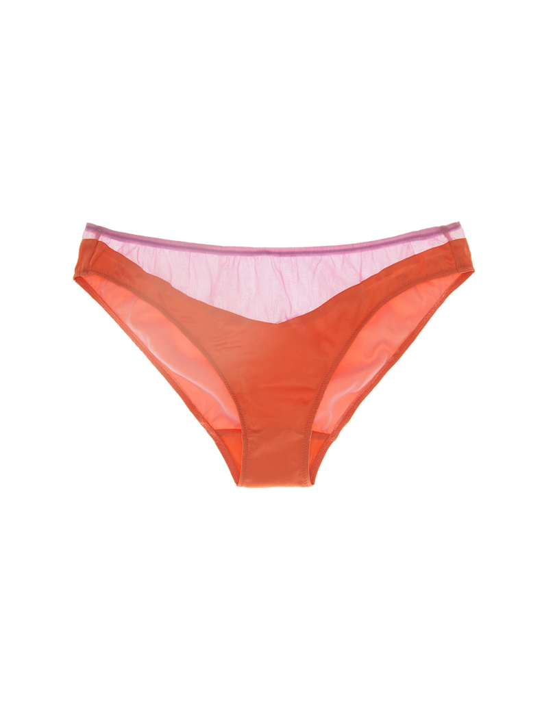 Flat image of orange silk panty with pink chiffon