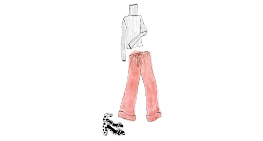 Sketch of a turtleneck, pink pants, and heels