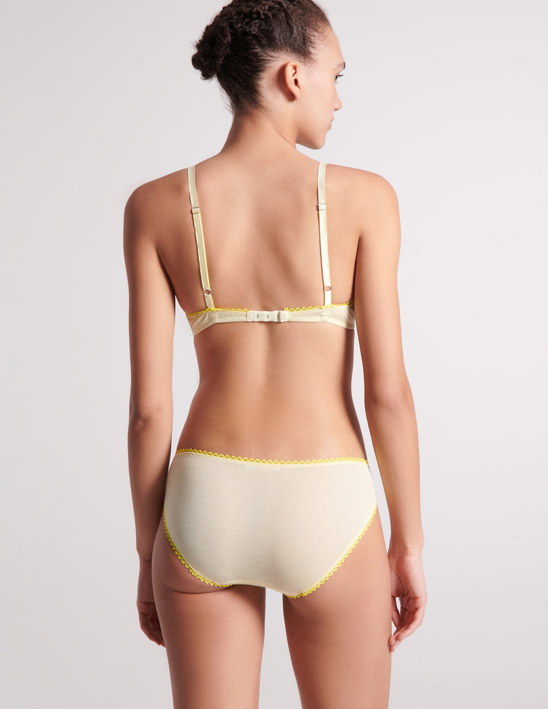 back view of woman in yellow bra and underwear