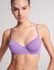 On model image of purple underwire recycled cotton thong
