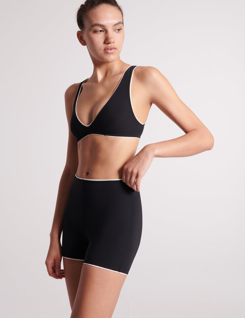 on model image (on an angle) of black swim short and black v-neck swim top