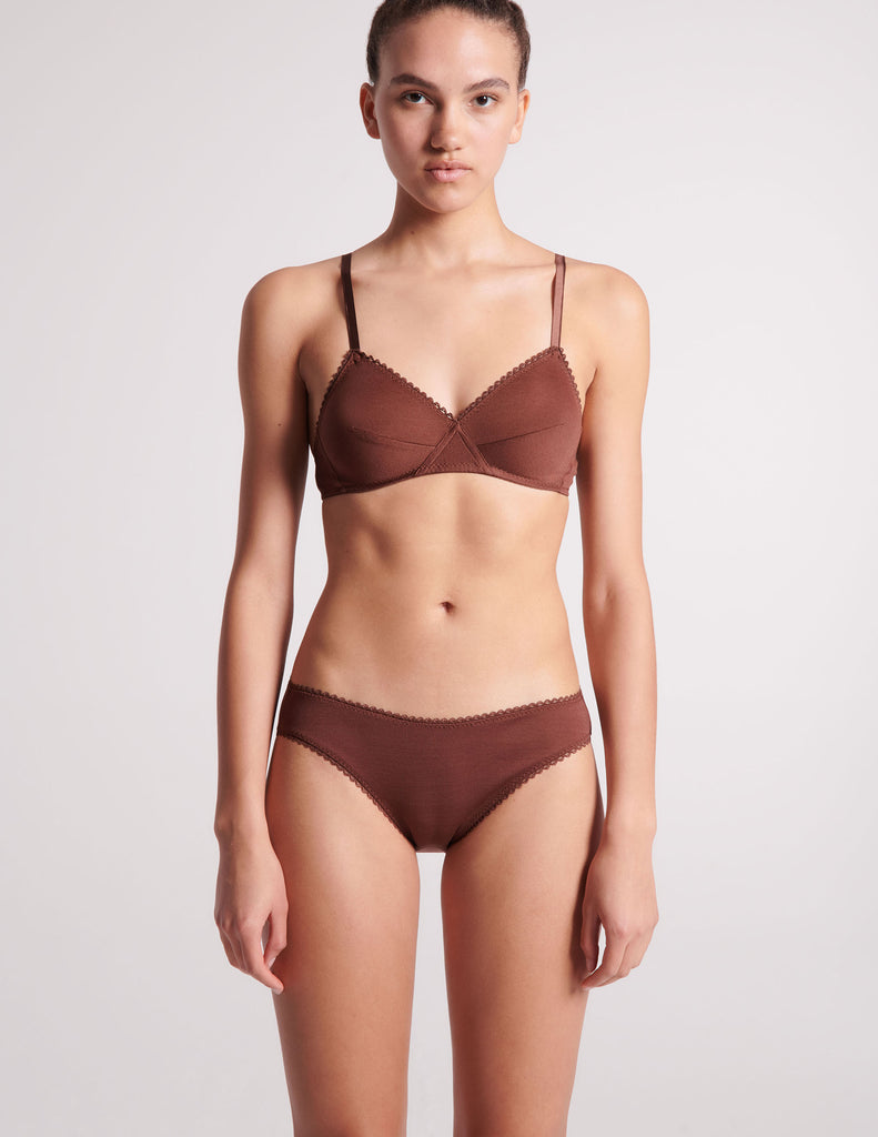 front shot of woman in brown bra and panty