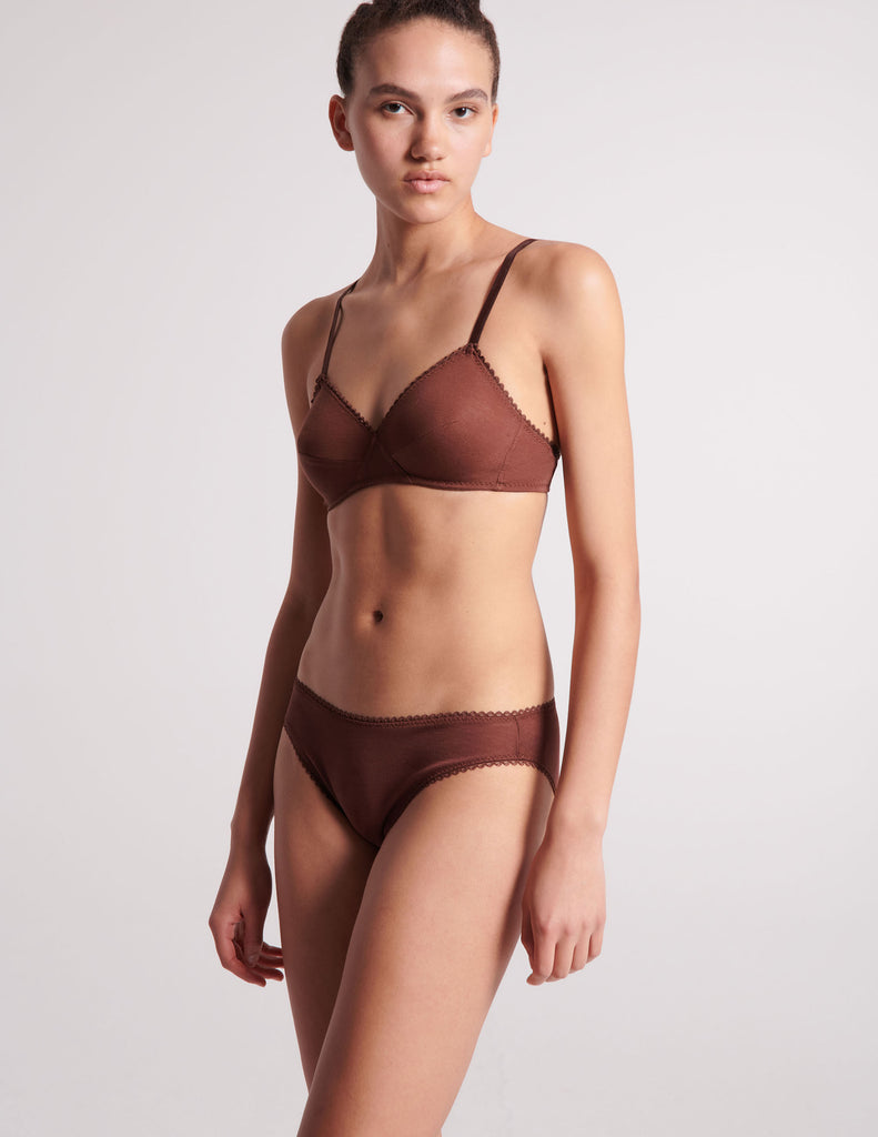 On model image of brown cotton bralette and panty