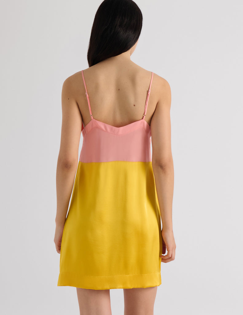 A model in the araks silk charmeuse holly slip in pomelo yellow