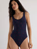 Harley One Piece Lagoon - front view, navy blue with red polka dots