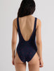 Harley One Piece Lagoon - back view, navy blue with red polka dots