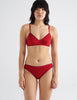 on model front view of woman in red cotton bra and panty