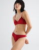 on model front image of woman in red cotton bra and thong