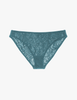 A flat lay of an araks stretch lace tris panty in heron blue
