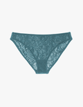 A flat lay of an araks stretch lace tris panty in heron blue