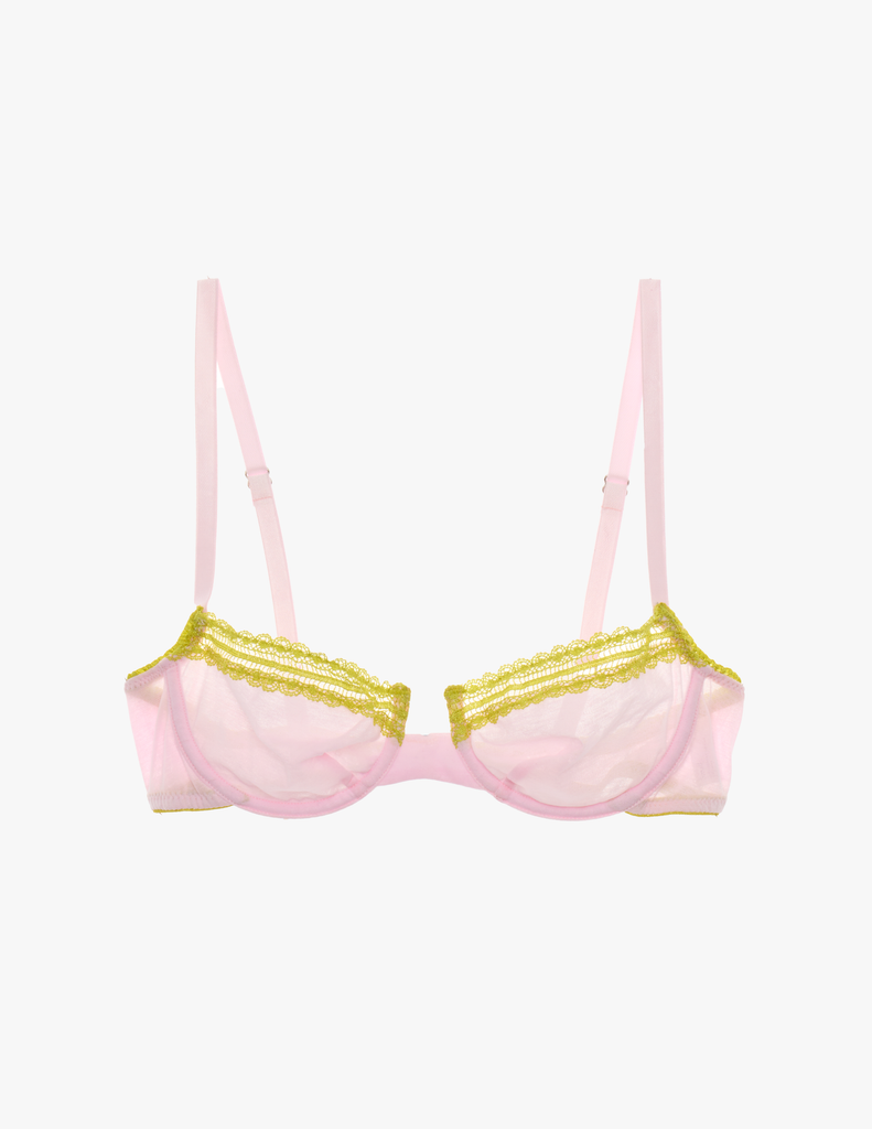 The Araks cotton crepe chloe underwire bra in confection pink with chartreuse lace trim