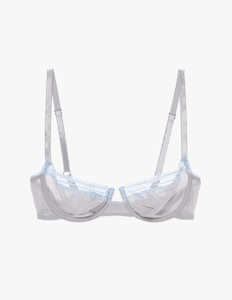 the araks cotton crepe lace trimmed chloe underwire bra in mist grey with blue trim