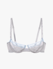 the araks cotton crepe lace trimmed chloe underwire bra in mist grey with blue trim