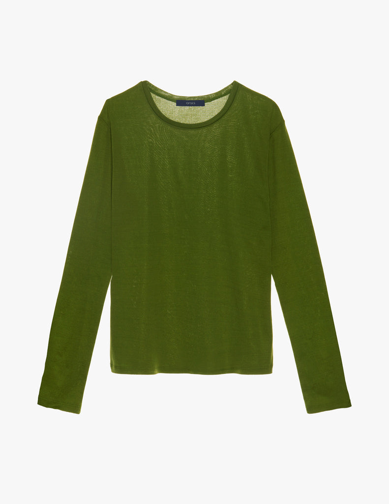 Araks Sabine long sleeve top in Moss on an off-white background