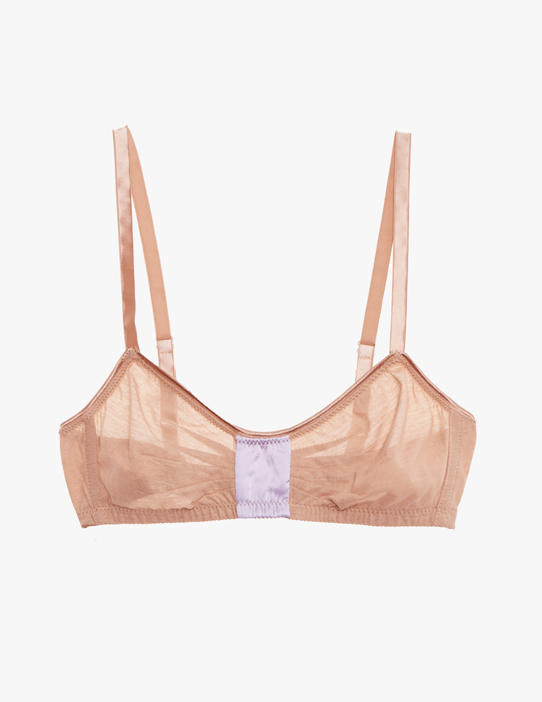 the araks cotton and silk uma bralette in brulee brown with a lavender silk inlet