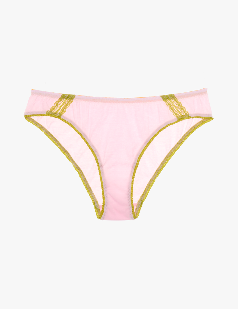 The araks cotton crepe lost in translation sofia coppola sonja panty in confection pink with chartreuse lace trim