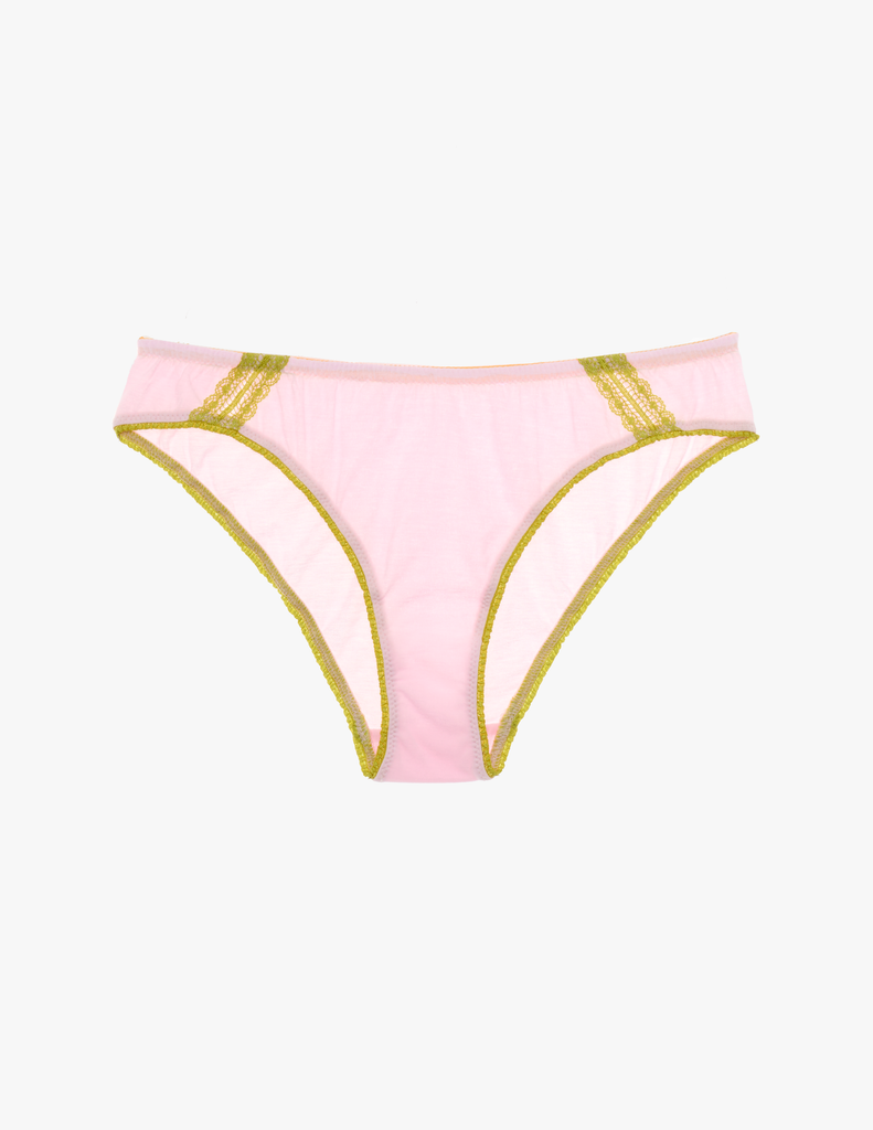 The araks cotton crepe lost in translation sofia coppola sonja panty in confection pink with chartreuse lace trim