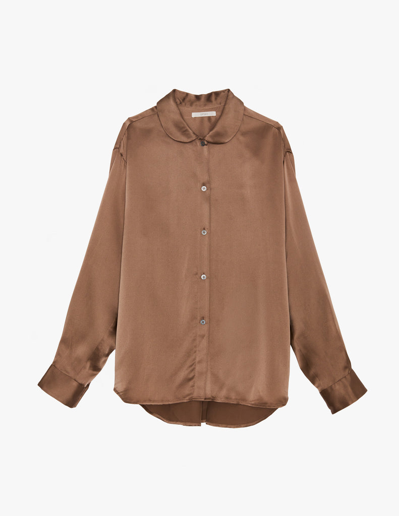 Araks Suki pajama shirt in Terra brown displayed flat against a light gray background.