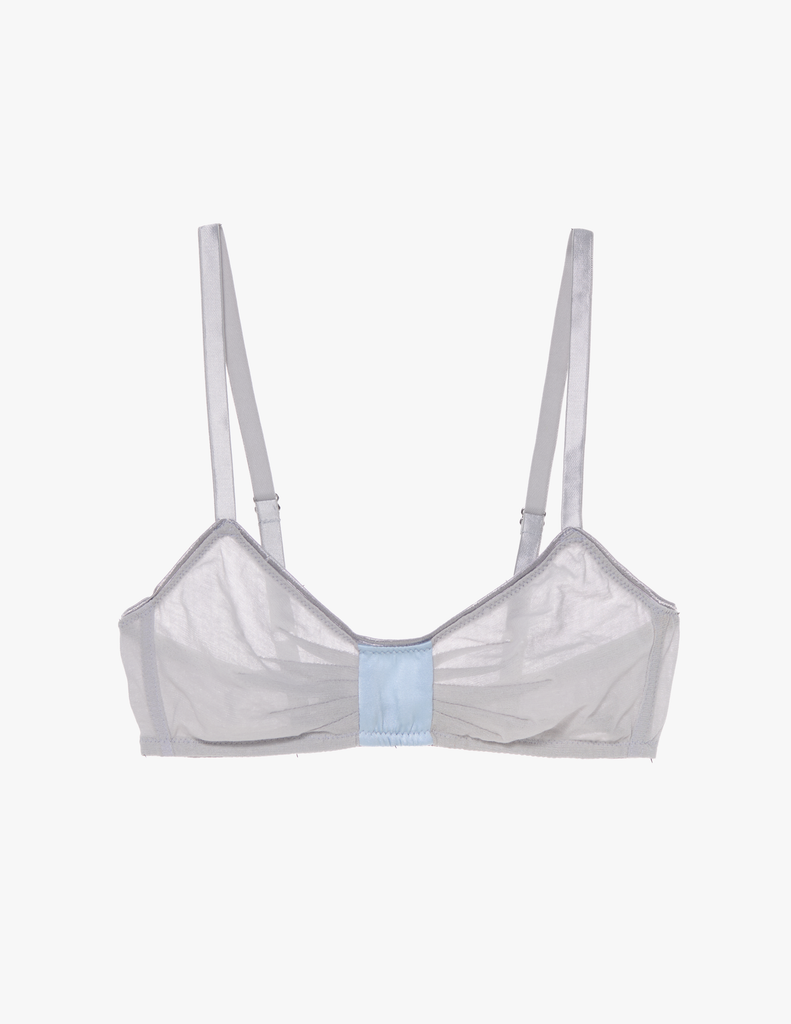 the araks cotton crepe and silk uma bralette in mist grey with blue silk trim