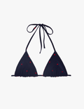 Araks navy bikini top with red polka dot on a white background