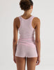 A model in the araks organic cotton james tank and presley short in confection pink