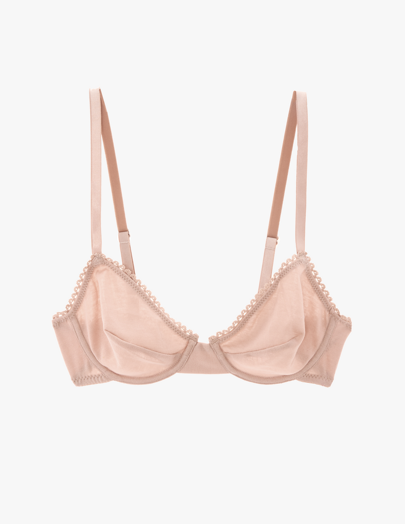 Flat image of araks organic cotton sand colored cotton sofia underwire bra with matching trim.