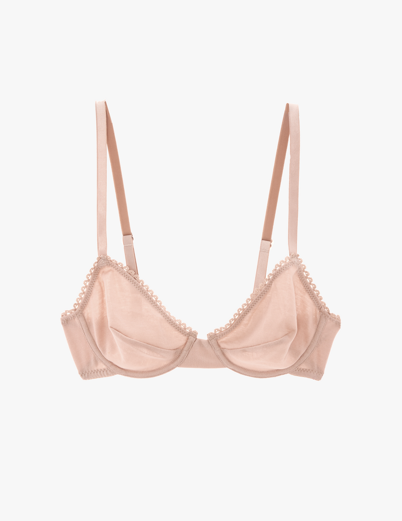 Flat image of araks organic cotton sand colored cotton sofia underwire bra with matching trim.