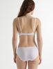 Back view image of model wearing white organic cotton underwire bra with white trim with matching panty. 