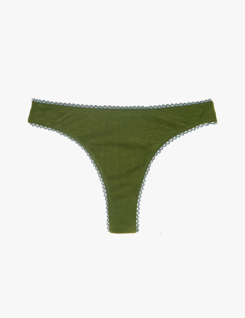 Araks Stella thong in Moss on an off-white background